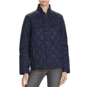 Barbour Summer Tartan Quilted Jacket Navy Blue Diamond Quilt Stand Collar USA 10